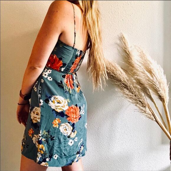 ANTHROPOLOGIE Soeurs Floral Turquoise Spaghetti Strap Pleated Mini Dress 0 - Picture 3 of 10